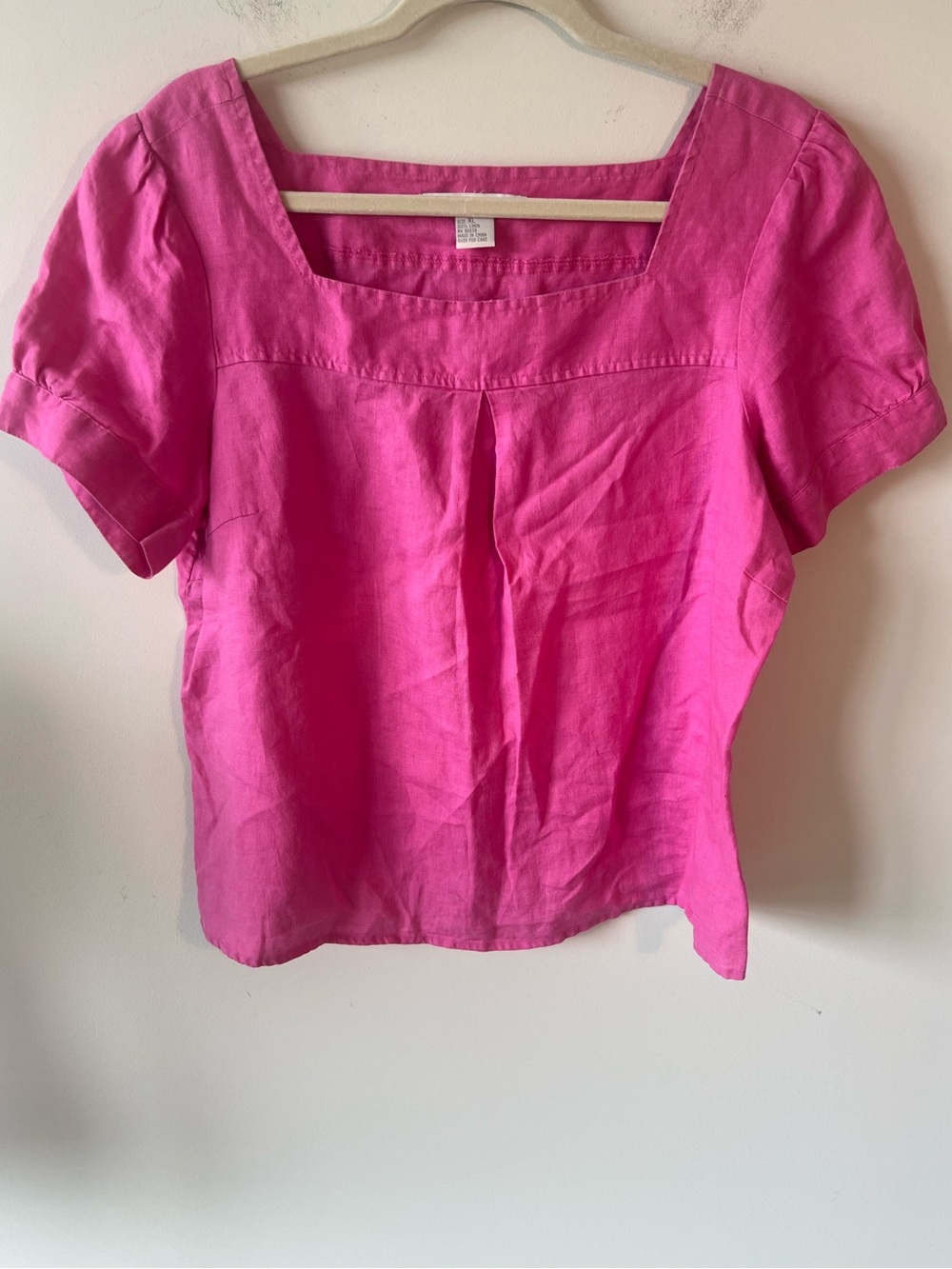 Tweeds Bright Pink Square-Neck Short Puff Sleeve Linen Top Resortwear Vacation
